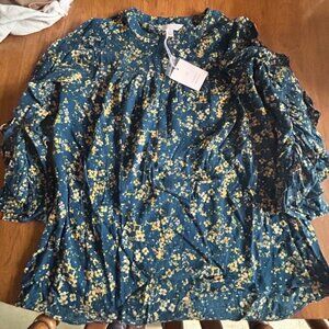 Women's Blue Floral Blouse with ruffled sleeves